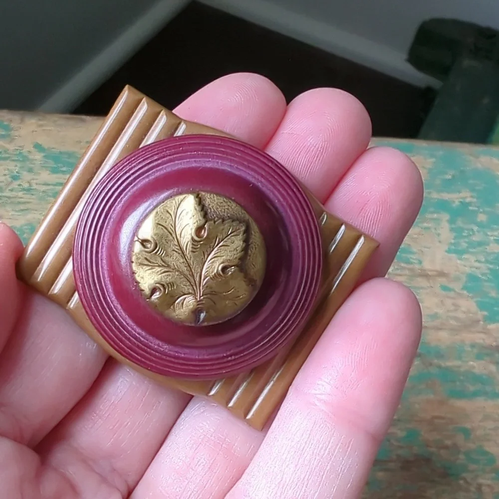 WHIMSY HOUSE I Upcycled Handmade Vintage Button & Buckle Copper Leaf Brooch Pin